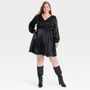 Ava & Viv Women's 3X Balloon Long Sleeve Midi Wrap Dress Black Satin NWT